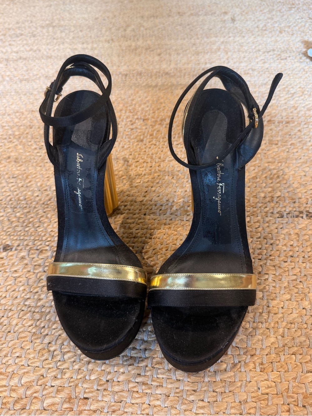 Salvatore Ferragamo Black and Gold Strappy High-Heel Sandals